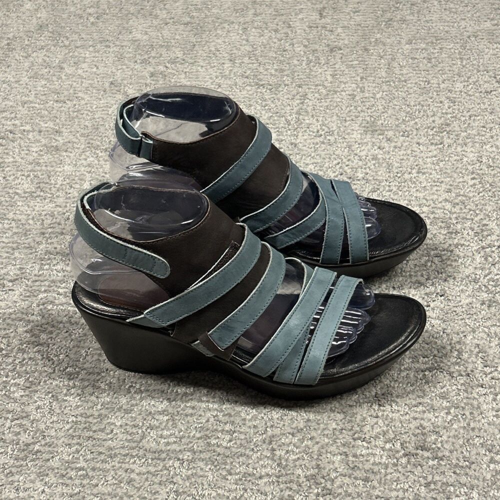 Naot Sandal Womens Size 39 US 8.5 Leather Ankle Strap Wedge Teal Brown